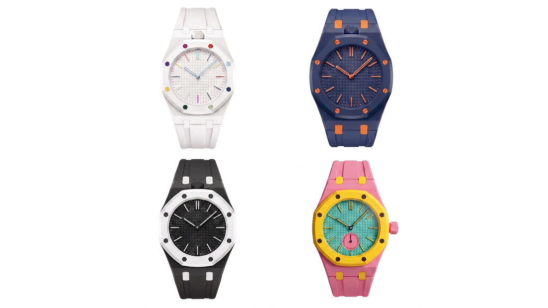 Les quatre coloris de bracelets Royal Pulse montés sur des Swatch x AP Royal Pop