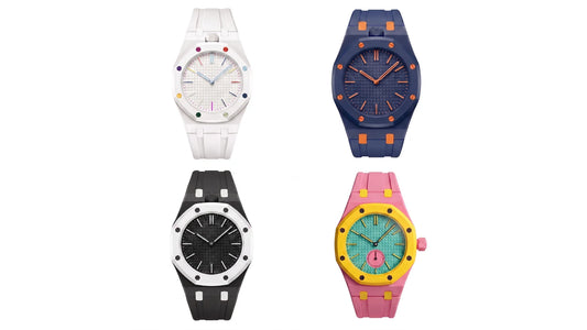 Les quatre coloris de bracelets Royal Pulse montés sur des Swatch x AP Royal Pop
