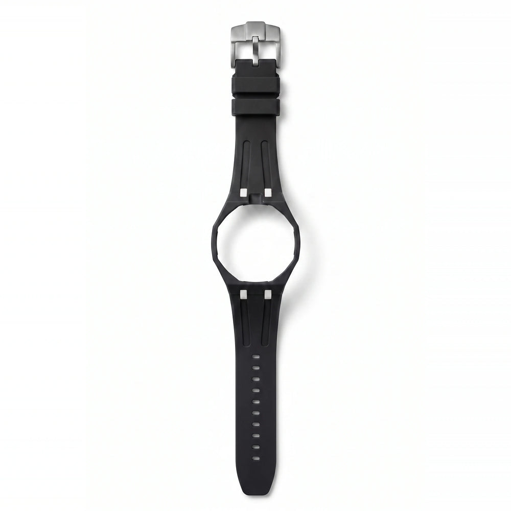 Bracelet de montre en silicone Royal Pulse Black Out noir à rappels blancs, boucle en acier brossé, vu de face sur fond blanc