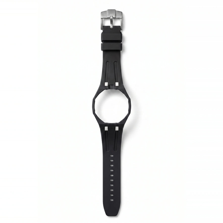 Bracelet de montre en silicone Royal Pulse Black Out noir à rappels blancs, boucle en acier brossé, vu de face sur fond blanc