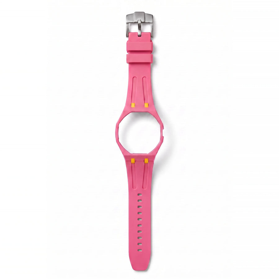 Bracelet de montre en silicone Royal Pulse Pink Pop rose à rappels jaunes, boucle en acier brossé, vu de face sur fond blanc