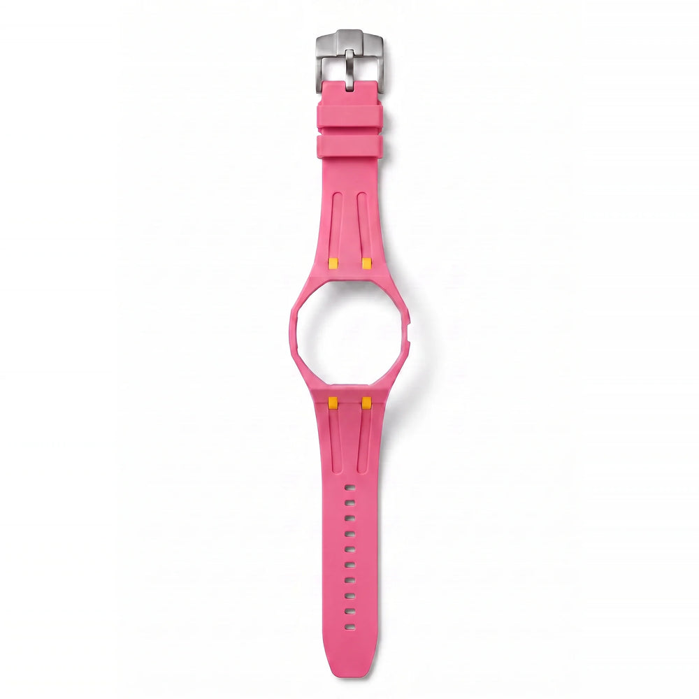 Bracelet de montre en silicone Royal Pulse Pink Pop rose à rappels jaunes, boucle en acier brossé, vu de face sur fond blanc