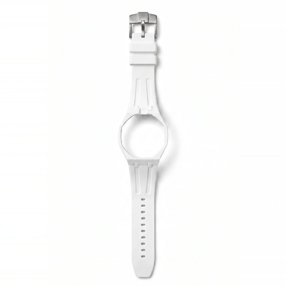 Bracelet de montre en silicone Royal Pulse Snow blanc, boucle en acier brossé, vu de face sur fond blanc