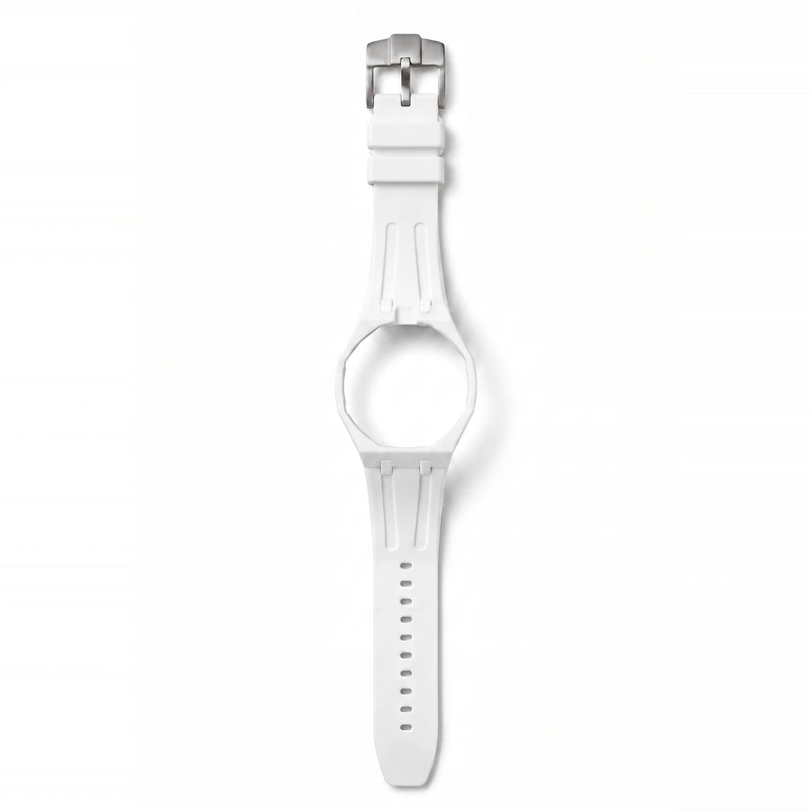Bracelet de montre en silicone Royal Pulse Snow blanc, boucle en acier brossé, vu de face sur fond blanc