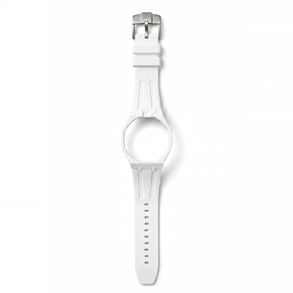 Bracelet de montre en silicone Royal Pulse Snow blanc, boucle en acier brossé, vu de face sur fond blanc