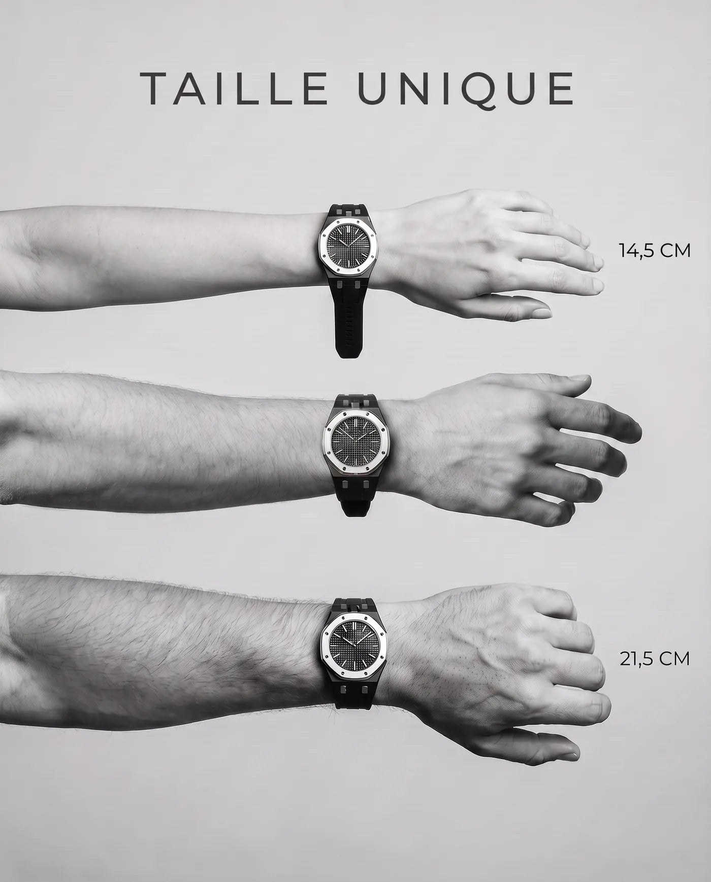 Trois poignets de 14,5 à 21,5 cm portant la montre équipée du bracelet Royal Pulse